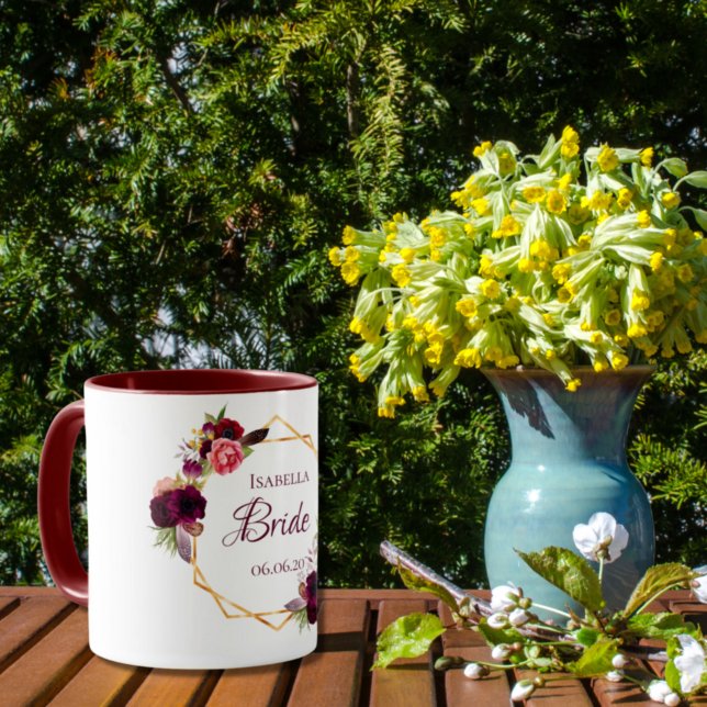 Mug Bride blanc fleuri or géométrique nom du mariage (Créateur téléchargé)