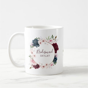Mug Bridesmaid Burgundy et Navy Rose Watercolor Wreath
