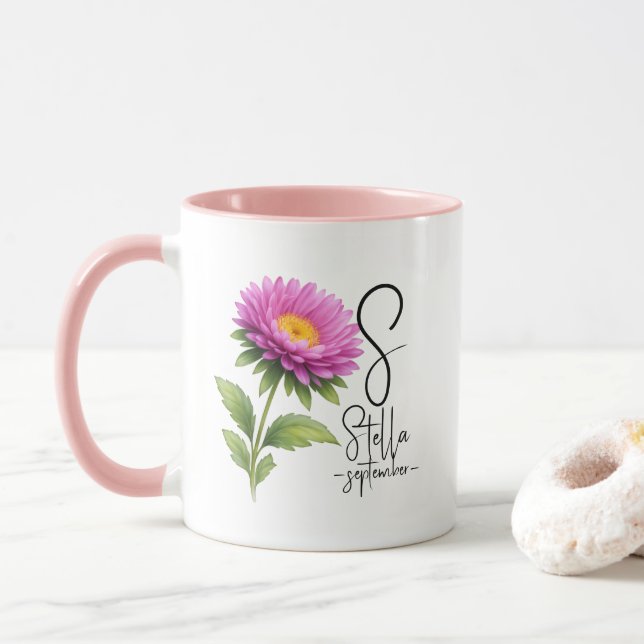 Mug Bright Aster Monogram – September Birth Flower (Avec donut)