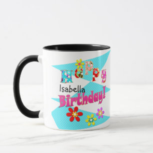 Mug Bright blue blanc rose enfants amusant fleurs dess