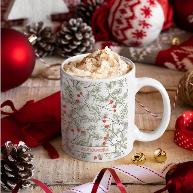 Mug Brins de pin et baies Noël Nom personnalisé (Créateur téléchargé)