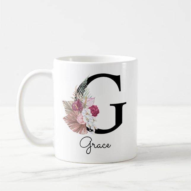 Mug Broderie Rose Boho Florale Initiale G (Gauche)