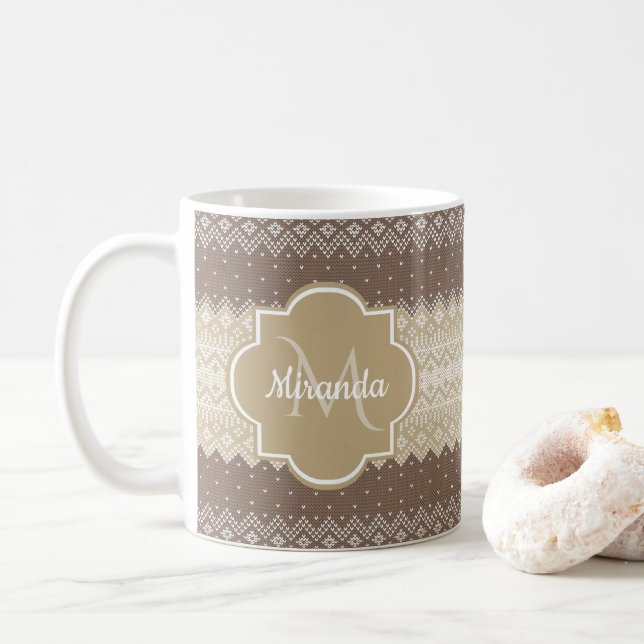 Mug Brown neutre et Tan Knit Motif avec nom (Avec donut)