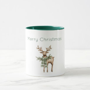 Mug Brun Crème Vert Cerf Noël Rustique