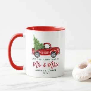 Mug Brush Script Premier Noël M. Mme Truck Rouge