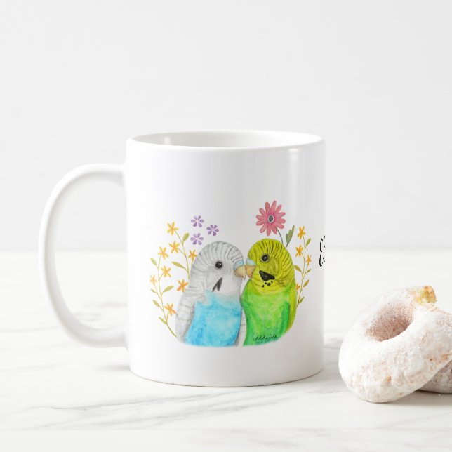 Mug Budgie Parakeet Bird Aquarelle Art Nom personnalis (Avec donut)