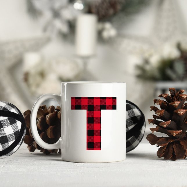 Mug Buffalo rouge et noir Plaqué en gras Lettre T Mono (Letter T Monogram Christmas Coffee Cup)