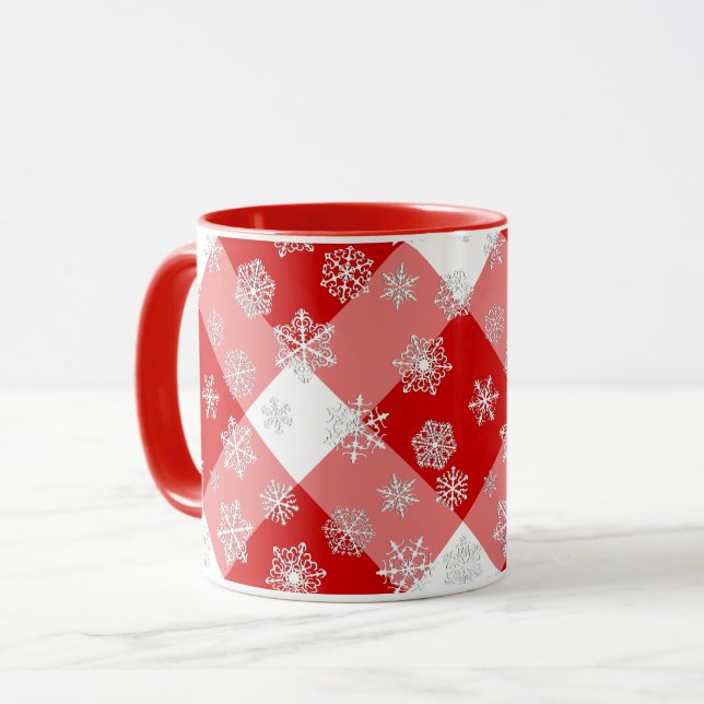 Mug Buffle rouge et blanc planté avec des flocons de n (Devant gauche)