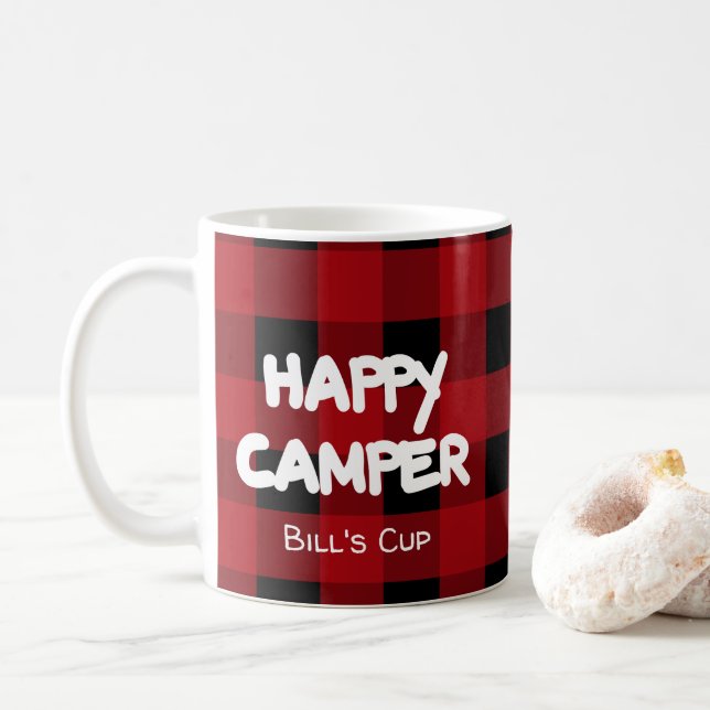 Mug Buffle rouge rustique et noir planté Happy Camper (Avec donut)