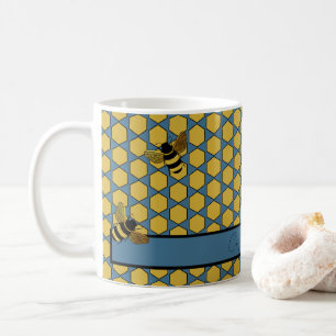 MUG BULLES NOIRES D'OR SUR MOTIF HONEYCOMB BLEU