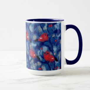 Mug Bullfinies, oiseaux rouges, arbres de la forêt ble