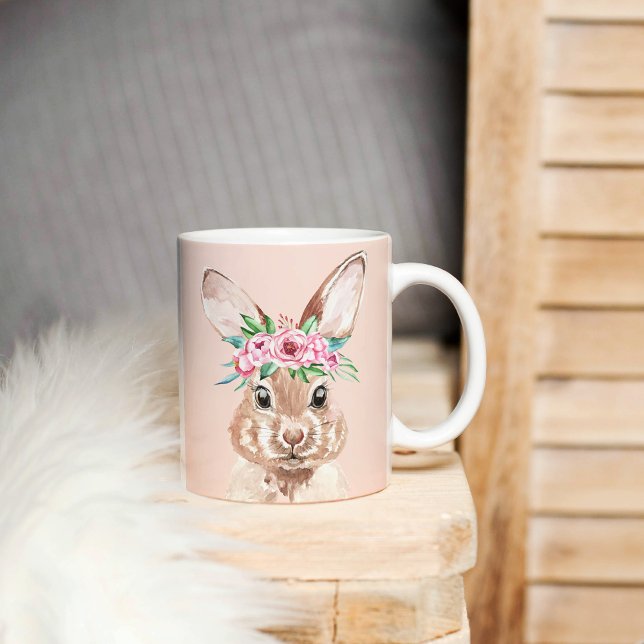 Mug Bunny D'Aquarelle Rose Pastel Moderne Avec Fleurs (Créateur téléchargé)
