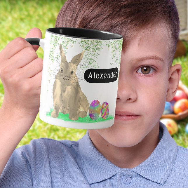 Mug Bunny d'oeufs de Pâques Nom personnalisé (Personalized name cute Easter bunny Egg Hunt Spring Brunch Garden party Mug Colorful watercolor eggs)