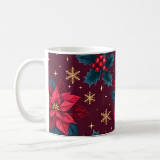 Mug Burgundy Poinsettia & Gold Snowflake 