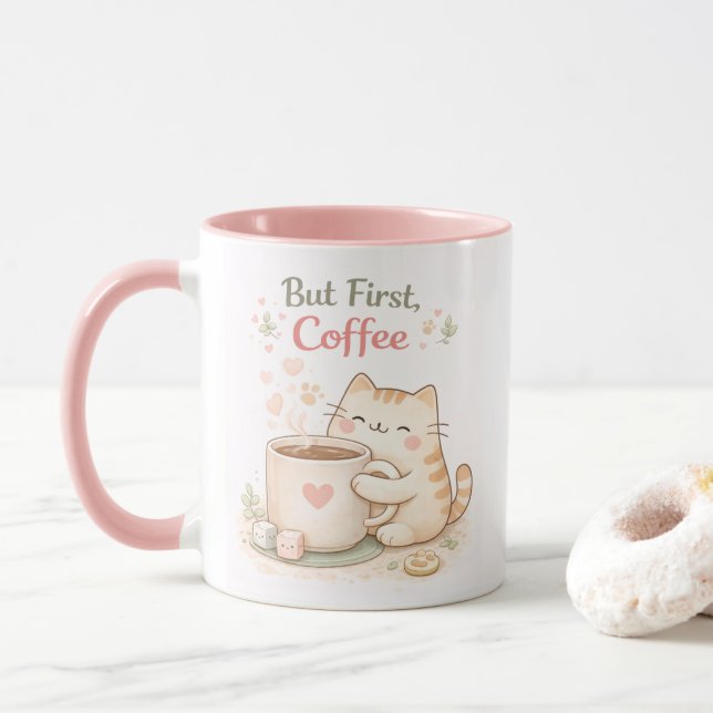 Mug But First Coffee Kawaii Cute Cat Sweet Pink (Avec donut)