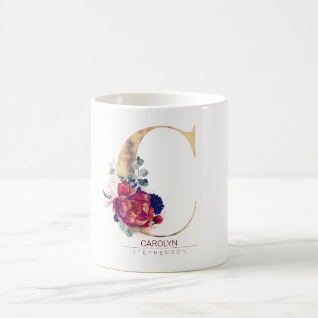 Mug C Monogramme Floral Bourgogne Rouge et Navy Blue (Centre)