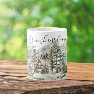 Mug Cabane aquarelle dans la forêt verte de pins boisé