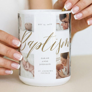 Mug Cadeau de baptême en collage photo calligraphié or