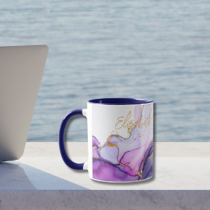 Mug Cadeau de monogramme aquarelle or bleu violet pour