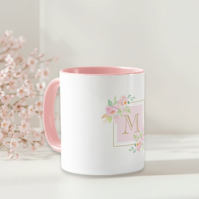 Mug Cadeau initial personnalisé floral rose aquarelle (Créateur téléchargé)