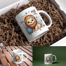 Cadeau Lion mignon et Fleurs Bleues