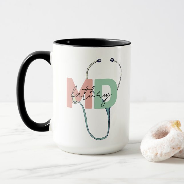 Mug Cadeau personnalisé Médicale Docteur Retro MD Nom (Avec donut)