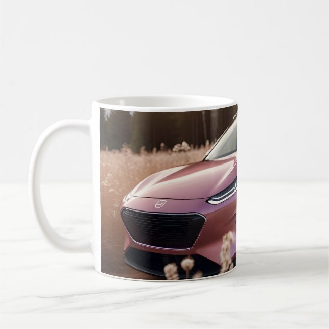 Mug Cadeau pour femme de voiture EV rose en champ sec (Gauche)