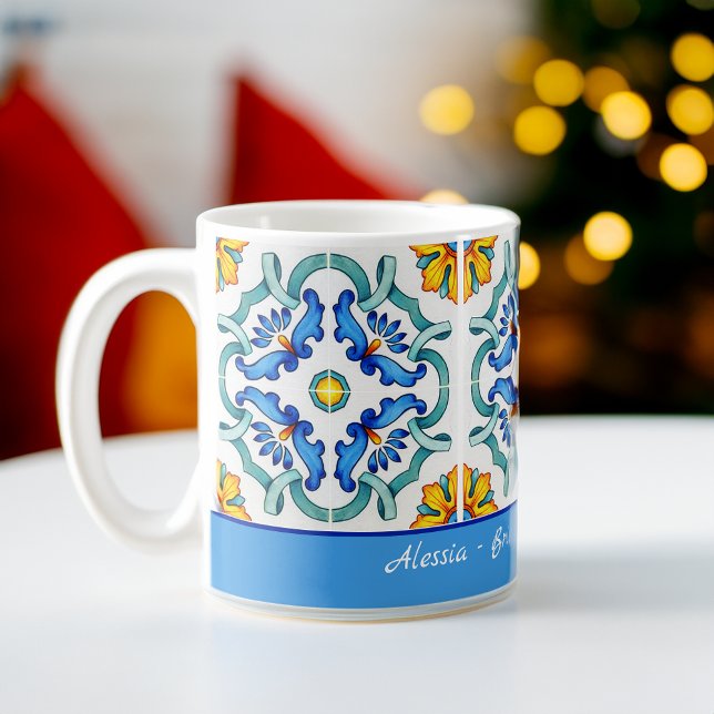 Mug Cadeaux de demoiselles de promo bleu Majolica tuil (Bridesmaid gifts favors blue Majolica tiles custom Coffee Mug bridal party favors personalized mug)