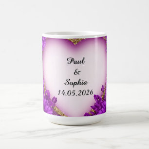 Mug Cadre Cœur Violet avec Paillettes et Fleurs