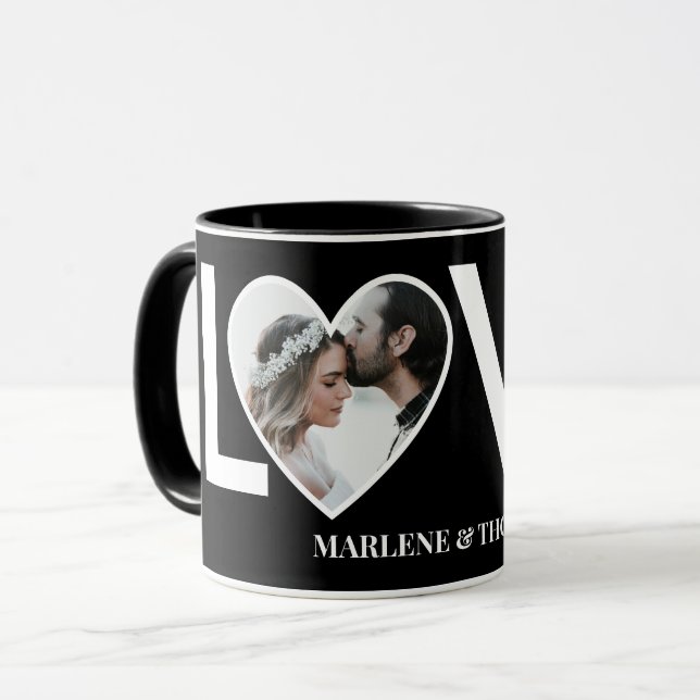 Mug Cadre de cœur noir avec photo personnalisée pour e (Devant gauche)