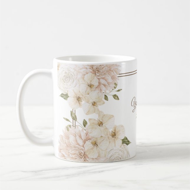 Mug Cadre floral rose blanc Vert Mariage moderne Fête (Gauche)