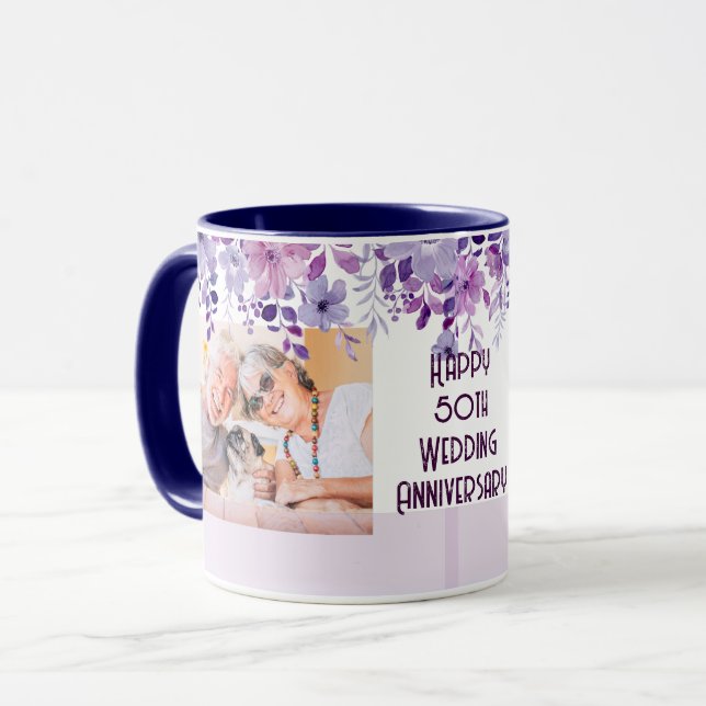 MUG CADRE FLORAL SIMPLE 50E ANNIVERSAIRE MARIAGE (Devant gauche)