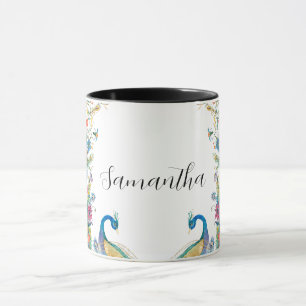 Mug Cadre Peacocs avec fleurs d'aquarelle