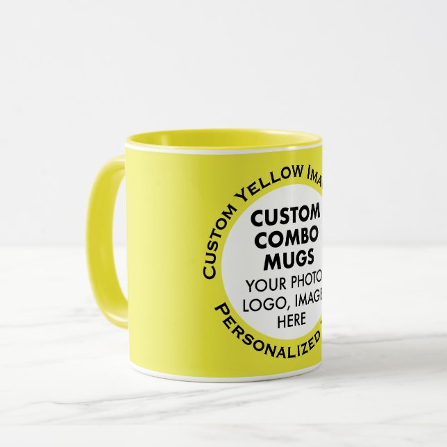 Mug Cadre photo rond + texte jaune combinaison personn (Devant gauche)