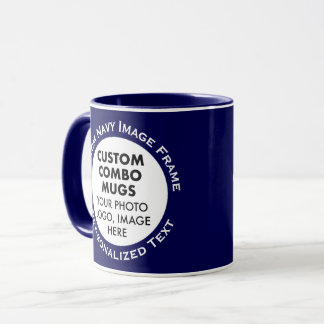 Mug Cadre Rond 2 x Texte Photo Bleu Marine Combo Perso