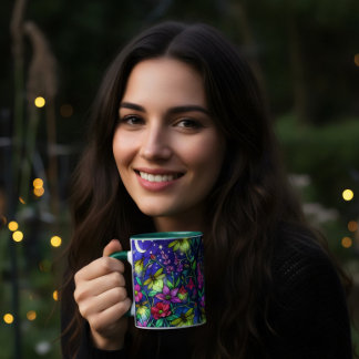 Mug café abeille florale de style vitrail