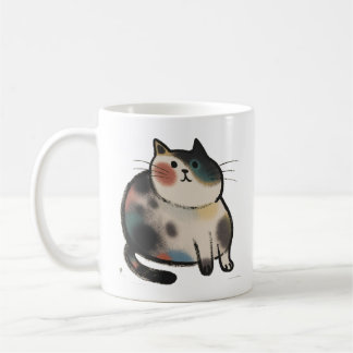 Mug Café avec Chat Calico Dodue Dessiné à la Main