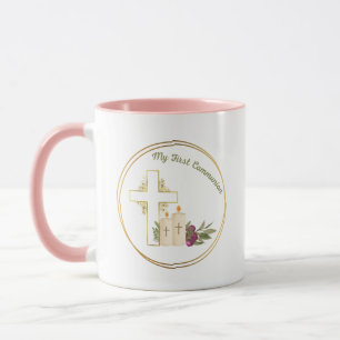 Mug café de la première communion, blanc et rose