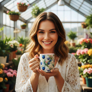 Mug café floral de roses bleues de style vitrail