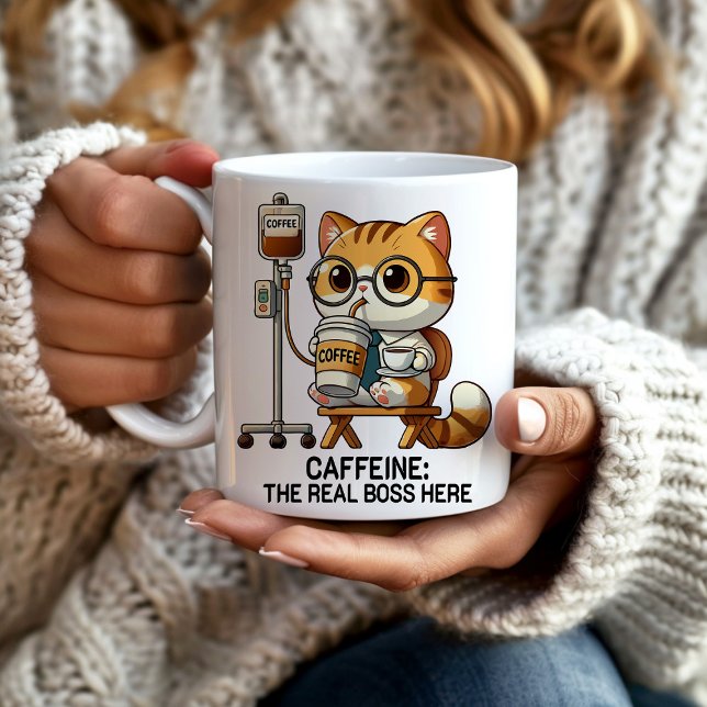 Mug Café IV Déchets Caféine Real Boss Drôle (Funny Caffeine Drip "Caffeine: The Real Boss Here." mug. Great gift for co-workers and friends)