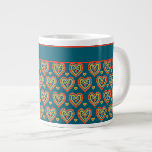 Mug café Jumbo, Rouge, Coeurs verts sur Turquoise