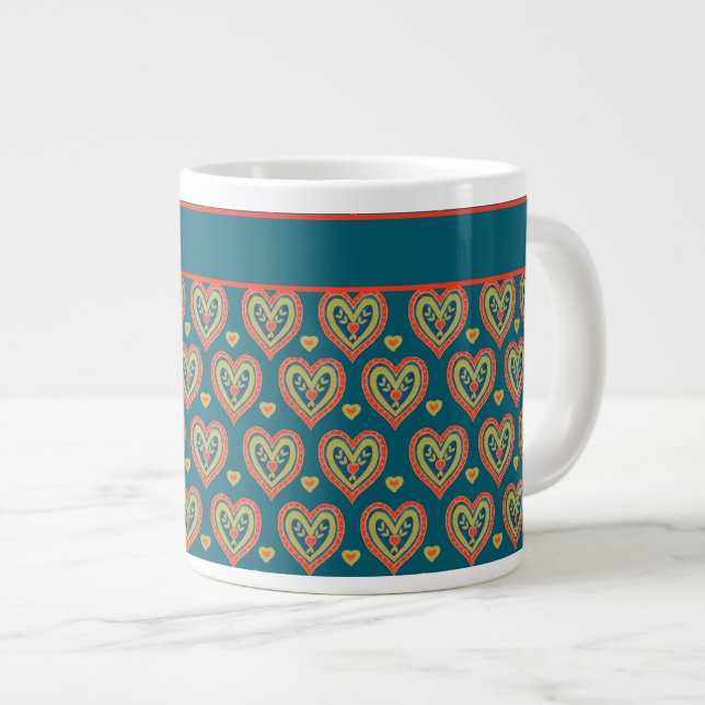 Mug café Jumbo, Rouge, Coeurs verts sur Turquoise (Devant droit)