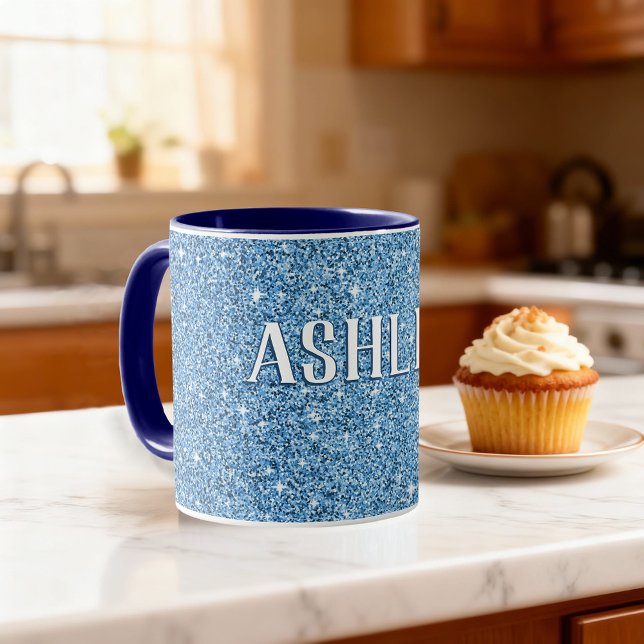 Mug Cafetière Personnalisée Pailletée Bleue avec Nom (Birthday gift idea! Personalized coffee mug with custom name.)