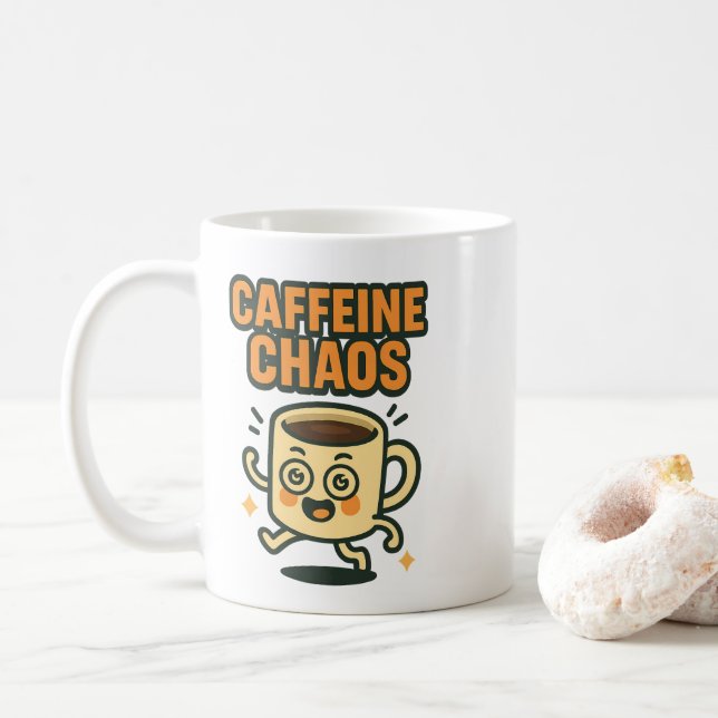 Mug Caffeine Chaos Funny Energetic Coffee Cup Cartoon (Avec donut)