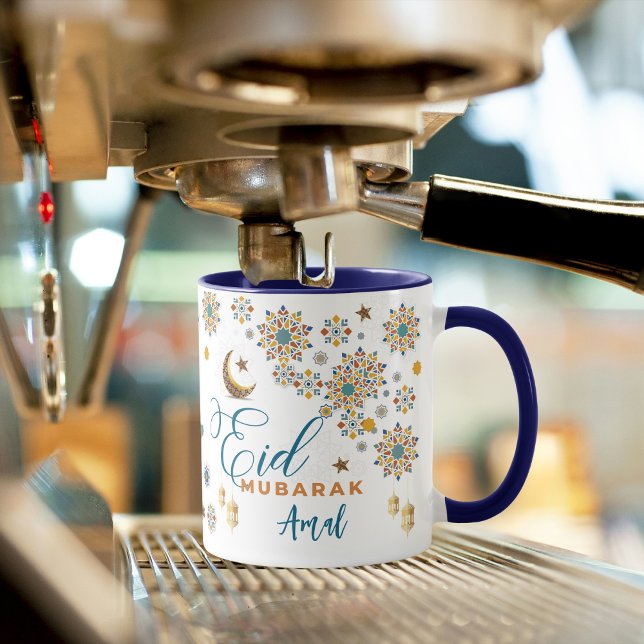 Mug Calligraphie élégante Eid Mubarak Lune Étoiles Per (eid mubarak mugs eid al fitr arabic calligraphy ramadan muslim islamic arabic gold blue moon stars )