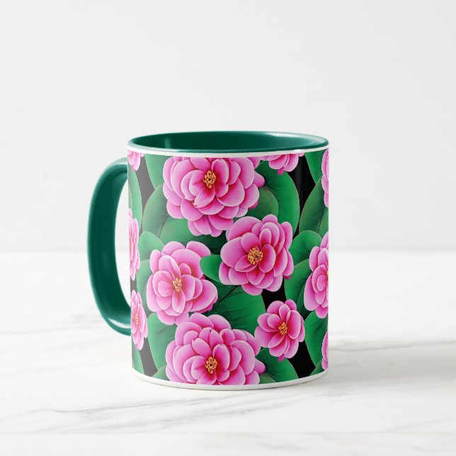 Mug Camellias rose Fuchsia et Feuilles verts Jade (Devant gauche)
