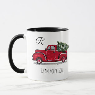 Mug Camion vintage avec arbre Monogramme Rouge Personn
