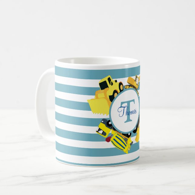 Mug Camions de construction Monogramme Bandes Bleues (Devant gauche)