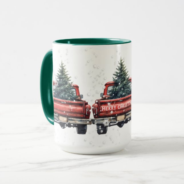 Mug Camions rouges vintages Joyeux Noël (Devant gauche)