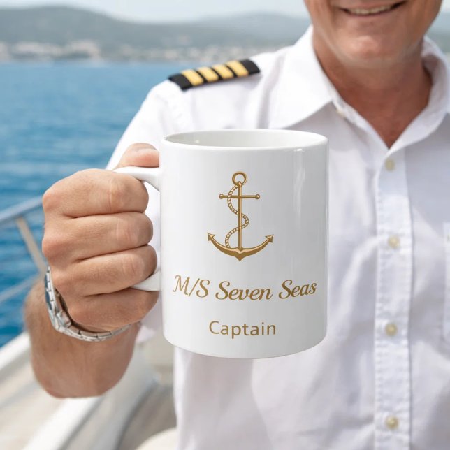 Mug Capitaine du nom du bateau de l'ancre en or blanc (Créateur téléchargé)